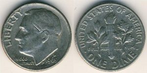 Профиль Франклина Рузвельта на монете в один дайм (10 центов)